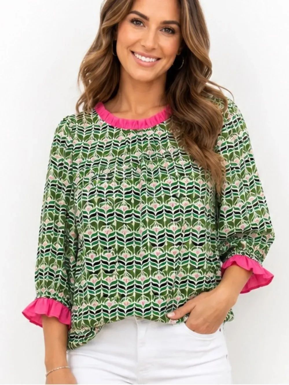 VOY Green Pink Ruffle Trim Printed Blouse Small Preppy Resort Top